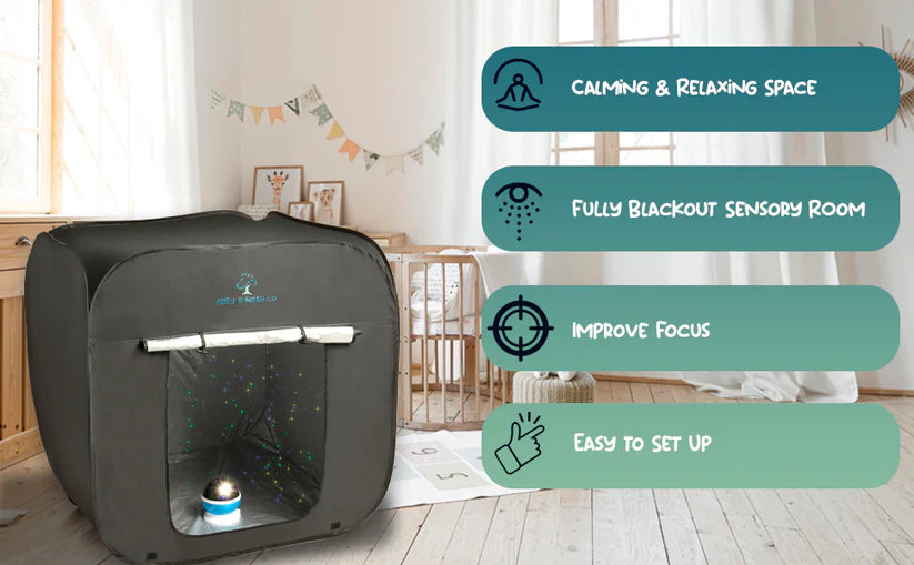 Therapist-Designed Sensory Blackout Tent for Kids WITH Complimentary Galaxy Light Projector By Abby & Noah
